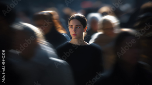 A person standing alone in a busy crowd, focusing on identity and society. The contrast of individualism against the motion of the crowd highlights themes of loneliness, connection, and modern life.