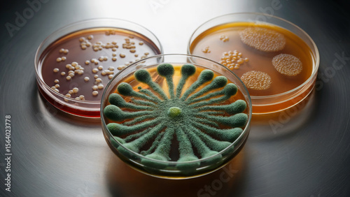 Petri dishes with microbial cultures bacteria mold