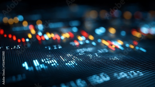 Close up shot of a digital stock market display showing financial data and stock fluctuations