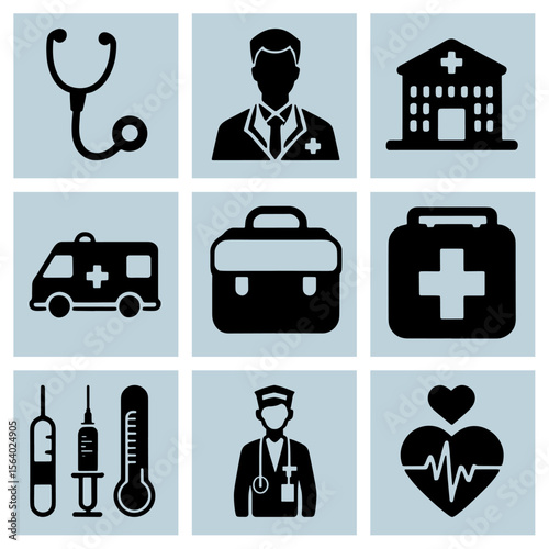 Collection of medical icons bundle including stethoscope ambulance hospital and heart silhouette