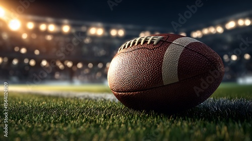 American football resting on grass field under stadium lights on a dark night scene setting