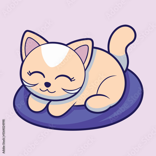 Cute Sleeping Cartoon Cat on Soft Purple Pillow