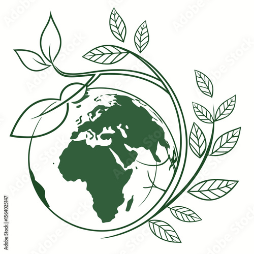 Globe with green leaves illustration, vector design, environmental sustainability concept, eco-friendly art