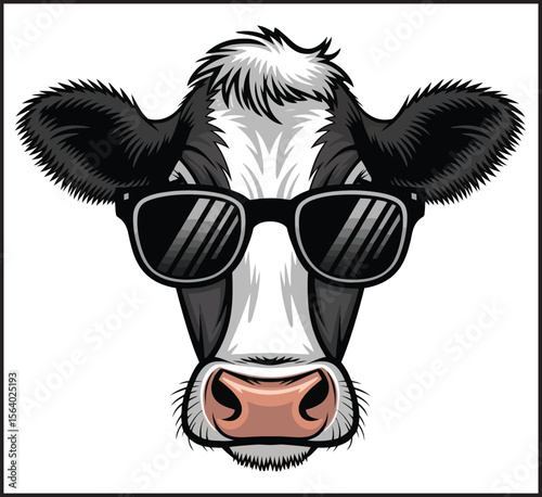 Cool Cow Face Wearing Sunglasses with Black and White Markings Vector Icon