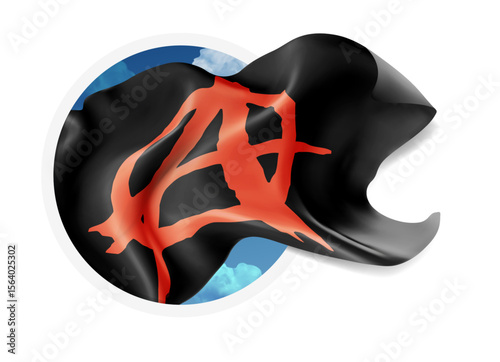 Anarchy, vector 3d flag against a blue sky, through a round hole on a white background