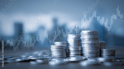 Stacks of coins with financial graph overlay representing growth and investment concept idea clearly shown
