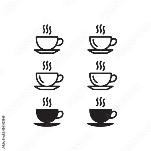 Collection of simple line art and solid black icons representing steaming cups of coffee or tea on saucers