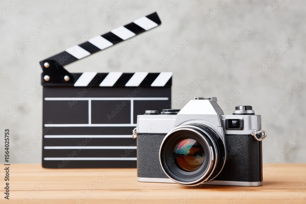 Fototapeta premium Vintage camera positioned on wooden table beside a classic film clapperboard, showcasing the essence of photography and filmmaking in a creative workspace environment