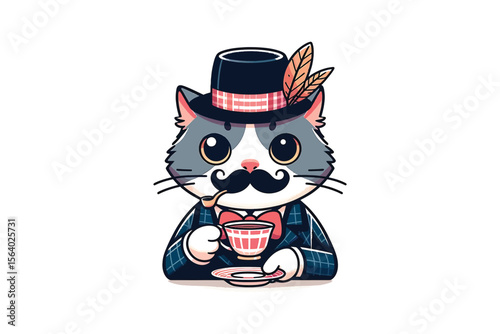 A cat with a fancy mustache, sipping tea like a British gentleman, flat vector style, white background