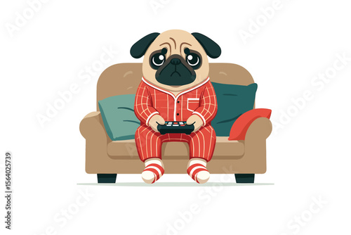 A pug in pajamas, watching TV on the couch, flat vector style, white background