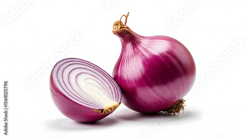 Fresh red onion with one half cut showing layers, isolated on white background with natural texture and vibrant color