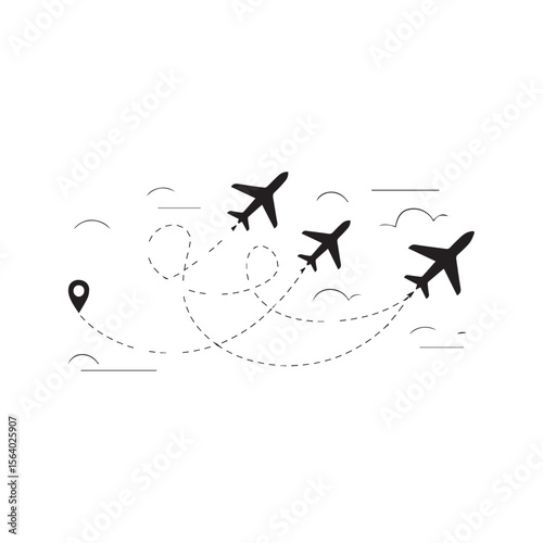 Three black airplanes flying in formation with dashed flight paths and clouds against a white background