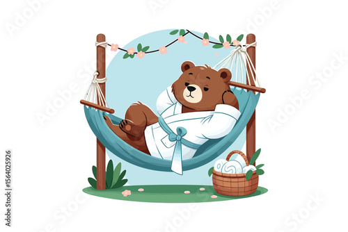 A bear in a spa robe, lying on a hammock, flat vector art, white background
