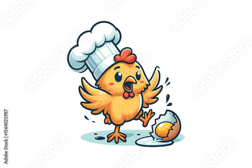 A chicken wearing a chef's hat, accidentally cracking an egg on its head, flat vector style, white background