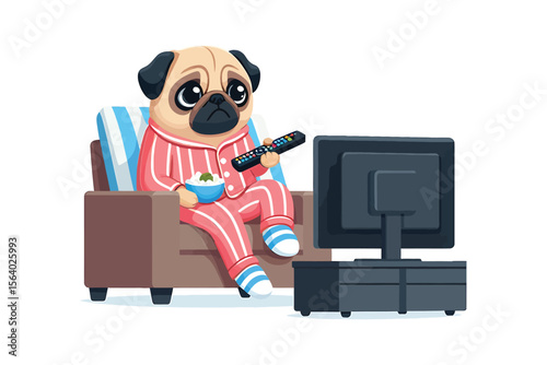 A pug in pajamas, watching TV on the couch, flat vector style, white background