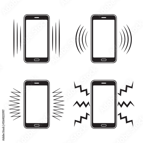 Four distinct black and white graphic icons representing a smartphone with different vibration or sound wave patterns emanating from it