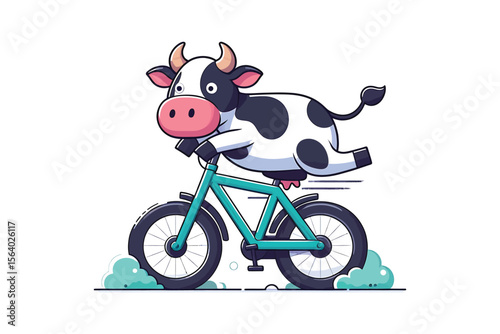 A cow trying to ride a bicycle, flat vector design, white background