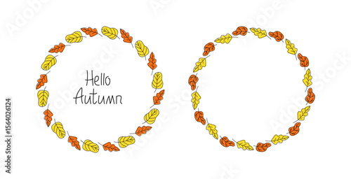 Round frame set autumn leaves. Banner, hand lettering Hello autumn, wreath, leaf fall, drawings, doodle illustration. Natural botanical background with space for text.