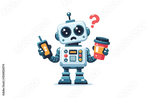 A robot with a cup of coffee, looking confused, flat vector style, white background
