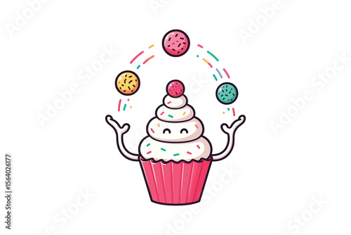 A cupcake trying to juggle sprinkles, flat vector art, white background