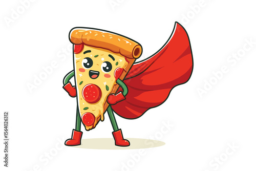 A pizza slice wearing a cape, ready to save the day, flat vector art, white background