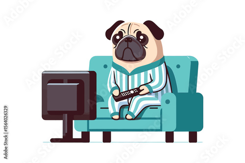 A pug in pajamas, watching TV on the couch, flat vector style, white background