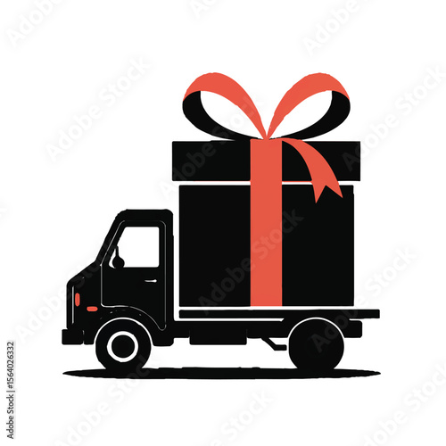 Black delivery truck carrying a large black gift box with a red ribbon and bow on a white background