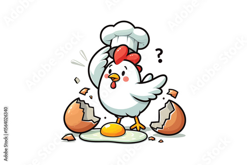 A chicken wearing a chef's hat, accidentally cracking an egg on its head, flat vector style, white background