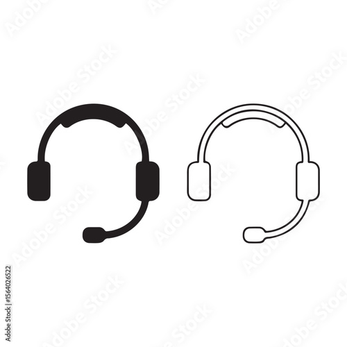 Two simple graphic icons of headphones with microphones one solid black and one outlined in black on a white background
