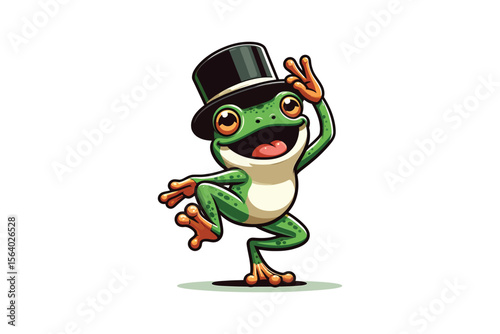 A frog wearing a top hat and dancing, flat vector art, white background