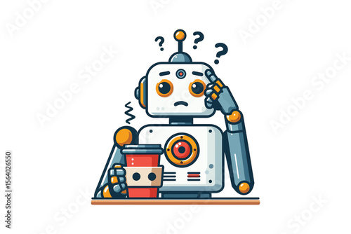 A robot with a cup of coffee, looking confused, flat vector style, white background