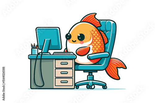 A fish in a tiny office chair, typing on a computer, flat vector style, white backgrond