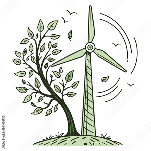 Wind turbine and tree illustration, vector design, renewable energy concept, eco-friendly art