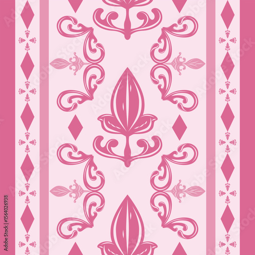 Flawless Artistic Abstract Botanical Style Luxury Ornament on Pinkish Theme. Seamless Border Pattern Geometric Baroque Detailed. Perfect for Apparel Scarf Cover Embroidery Silk Handicraft Filigree Rug