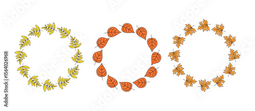 Frame round set, banner autumn. Abstract autumn leaves, wreath, leaf fall. Hello autumn, inscription. Hand lettering, doodle, drawings. Natural botanical background.