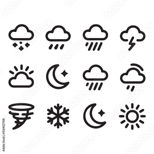 Collection of weather icons including rain snow sun moon stars lightning and a tornado on a white background