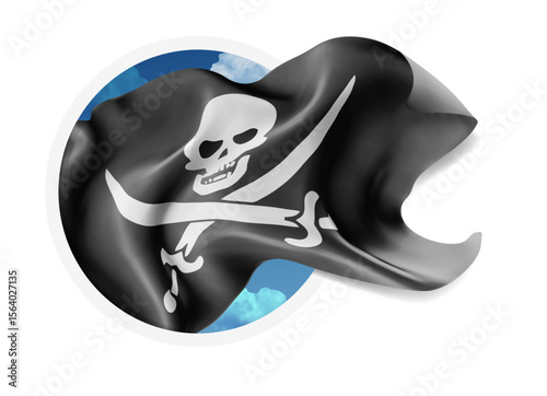 Pirate, vector 3d flag against a blue sky, through a round hole on a white background
