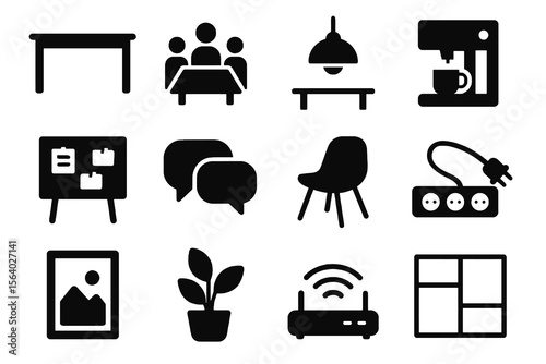12 black coworking space icons on white. Vector for shared offices and collaboration.