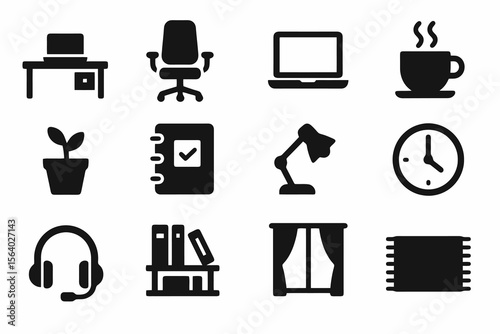Black icons on white background for remote environments. Minimal vector for productive design.