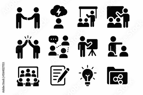 12 black coworking people icons on white. Vector for collaboration, teamwork, and interaction.
