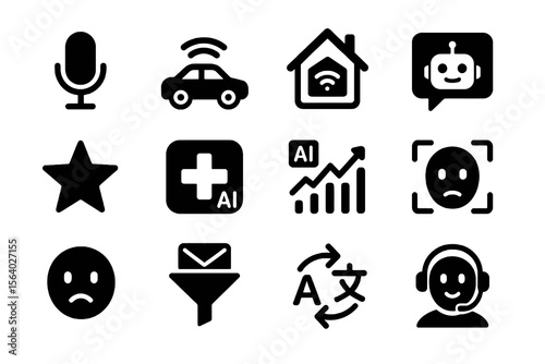 12 black AI application icons on white. Vector for smart systems and automation.