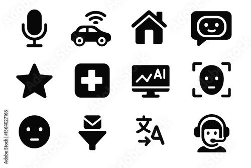 Black icons on white background for AI use cases. Minimal vector for modern technology.