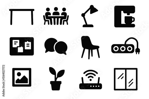 Black icons on white background for coworking interiors. Minimal vector for team workspaces.