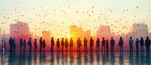 Silhouette of people facing a cityscape at sunrise, with digital connections