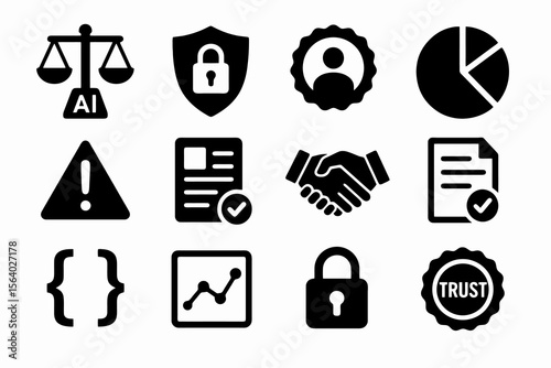 12 black AI ethics icons on white. Vector for fairness, safety, and responsible design.