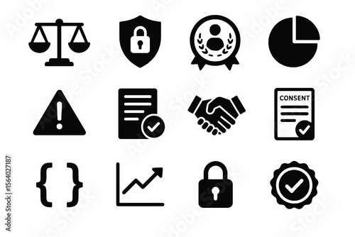 Black icons on white background for ethical AI. Minimal vector for secure and fair systems.