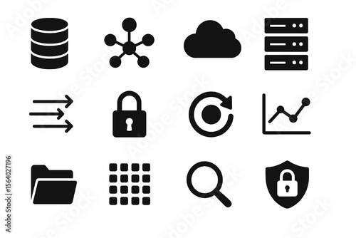 Black icons on white background for data themes. Minimal vector for information management.
