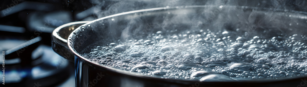 Fototapeta premium Close-up of boiling water in a pot on a stove, showcasing bubbles and steam. Perfect for cooking, kitchen, and food-related topics.