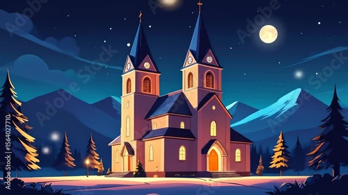 Church at Night in Snowy Mountains - A charming church stands illuminated against a backdrop of snow-capped mountains under a full moon.