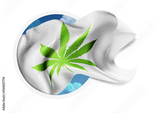 Сannabis, vector 3d flag against a blue sky, through a round hole on a white background